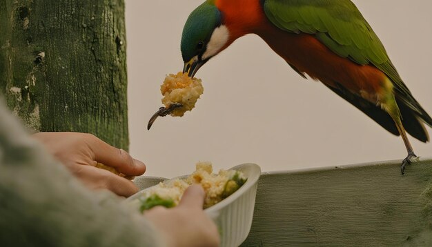 Foto un loro comiendo comida de la mano de una persona