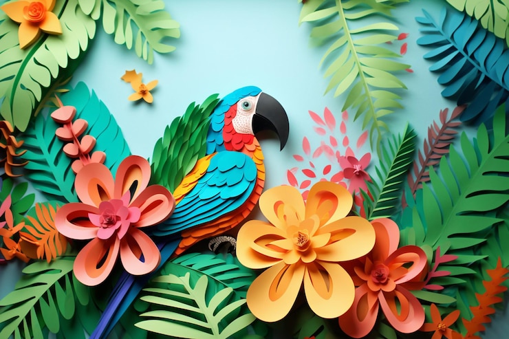 Foto loro cortado en papel de colores brillantes sentado en una rama de un árbol rodeado de flores generativo ai