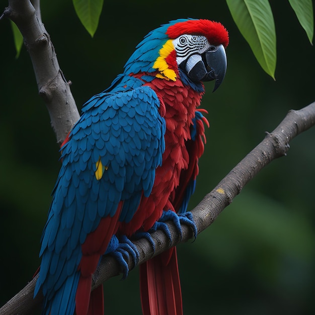 Un loro con un cuerpo rojo y azul se sienta en una rama.