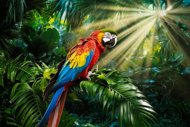 un loro está de pie en la selva con el sol brillando a través de las hojas