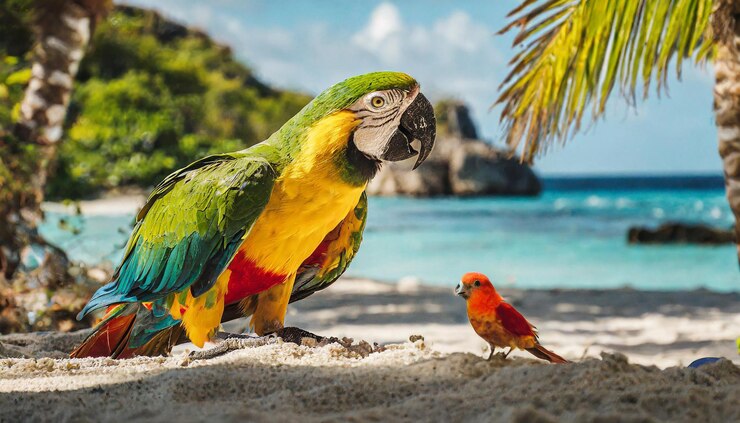 un loro está en una rama de palmera con el océano en el fondo