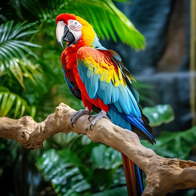 Un loro está sentado en una rama en un ambiente tropical