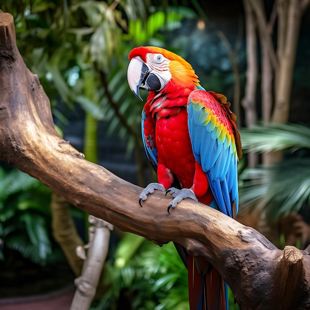 Un loro está sentado en una rama en un ambiente tropical