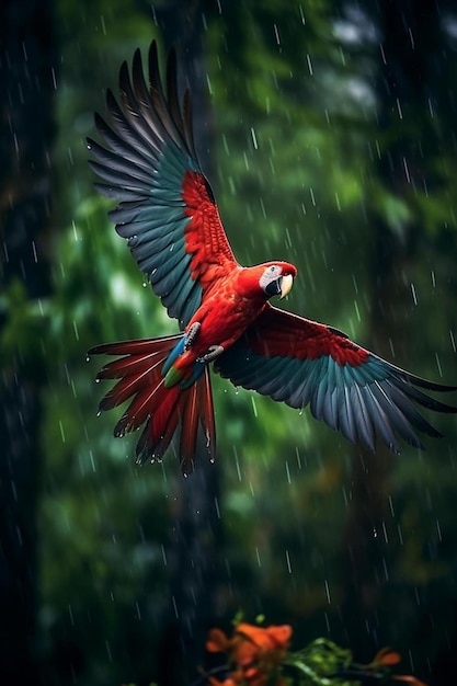 un loro está volando en la lluvia con un árbol en el fondo