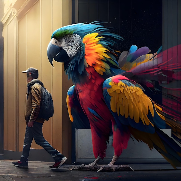 Loro guacamayo colorido en la calle de la ciudad Ilustración