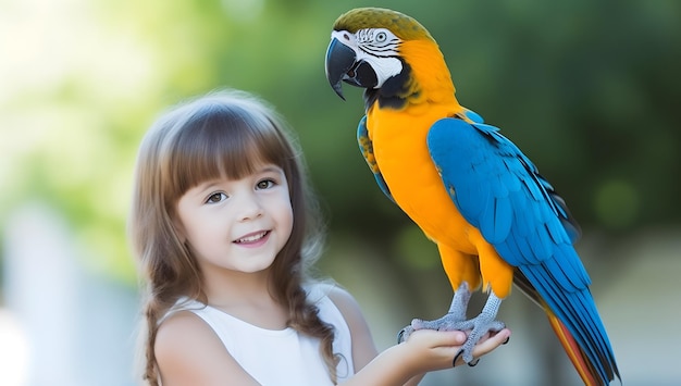 Loro guacamayo en la mano de la niña Concepto de pájaro mascota