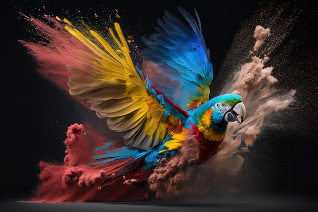 Loro guacamayo multicolor volador sobre explosión de polvo colorido sobre fondo negro Ai generativo