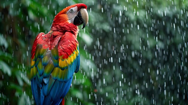 El loro guacamayo rojo y azul de pie bajo la lluvia