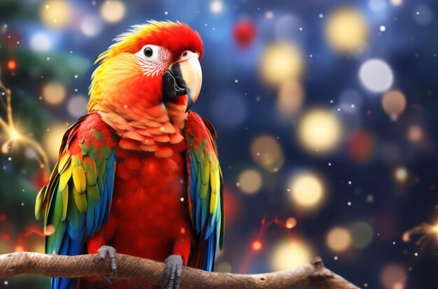 Loro guacamayo rojo brillante frente a un árbol de Navidad