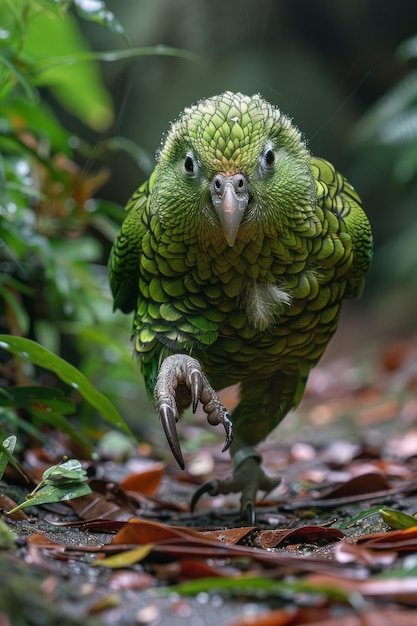 Foto un loro kakapo caminando juguetón en nueva zelanda su forma no voladora es una rareza entre las aves