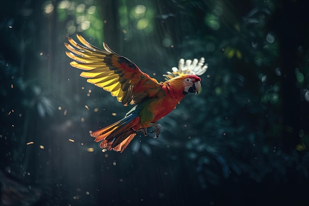 Loro majestuoso volando sobre un fondo de follaje verde