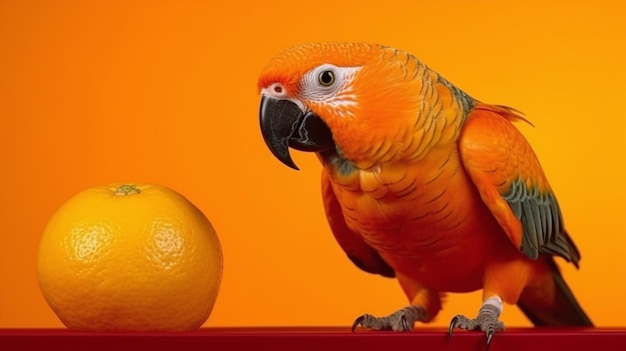 Un loro con naranjas y una naranja a la derecha.