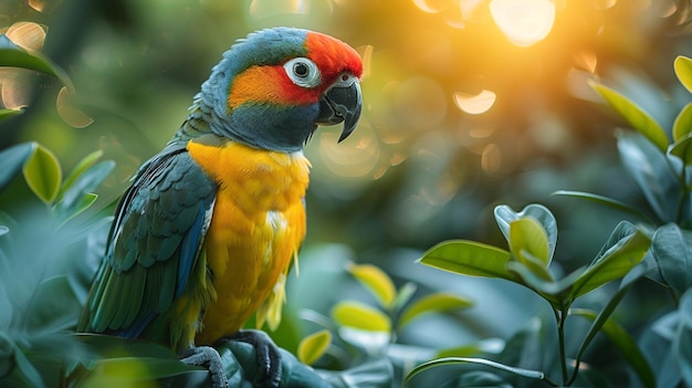 Loro en la naturaleza y espacio de copia para el texto generado por la IA