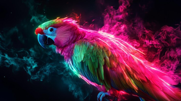 Loro de neón brillante con patrones de plumas luminosas luces de neón rosadas, verdes y azules oscuras atmósfera brillante diseño cinematográfico