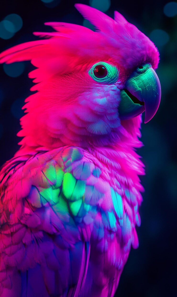Loro de neón brillante con patrones de plumas luminosas luces de neón rosadas, verdes y azules oscuras atmósfera brillante diseño cinematográfico