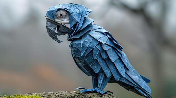 Foto un loro origami azul y blanco posado en una rama