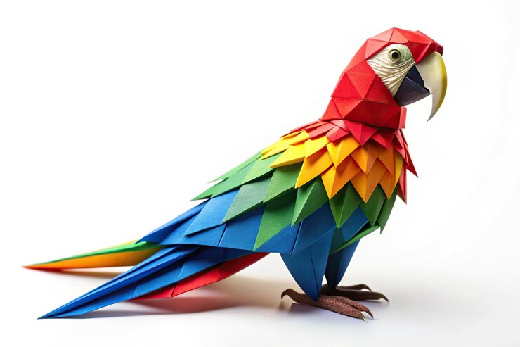 Foto el loro origami cobra vida sobre un fondo blanco
