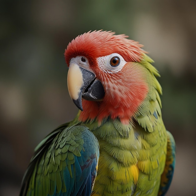 un loro con una pluma amarilla y roja en la cabeza