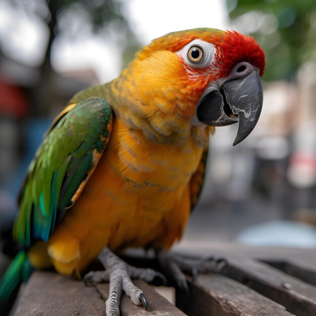 Un loro con una pluma verde y roja en la cabeza se sienta en un banco de madera.