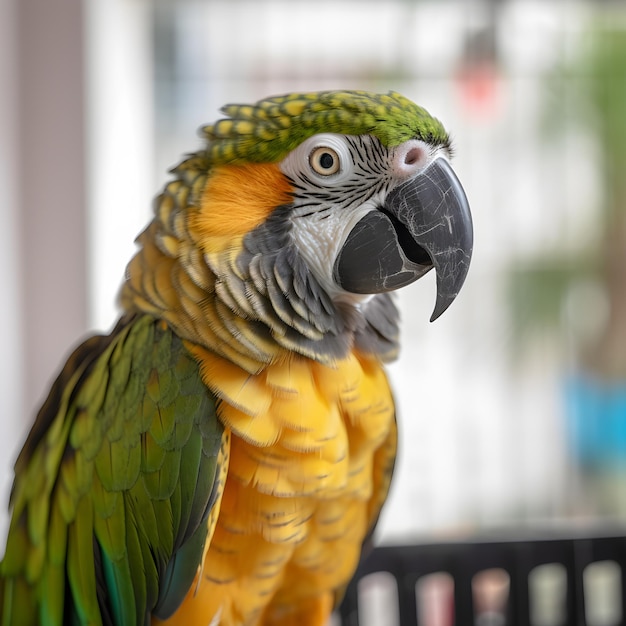 Un loro con plumas amarillas y verdes está sentado en un banco.