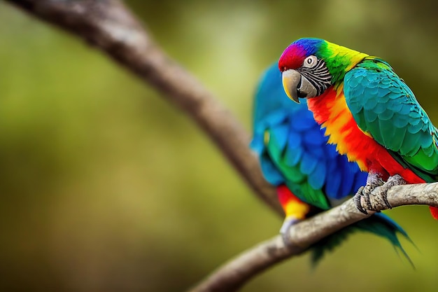 Un loro con plumas iridiscentes se sienta en una rama de un árbol verde ilustración 3D