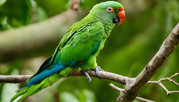 Foto un loro está posado en una rama con una cola verde y roja