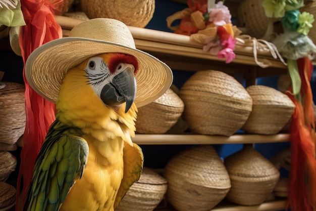 Foto loro posado sobre una rejilla con una variedad de sombreros de paja para el sol