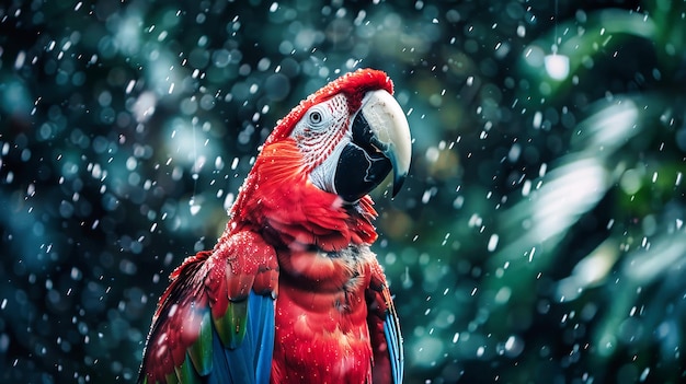 El loro rojo de pie bajo la lluvia