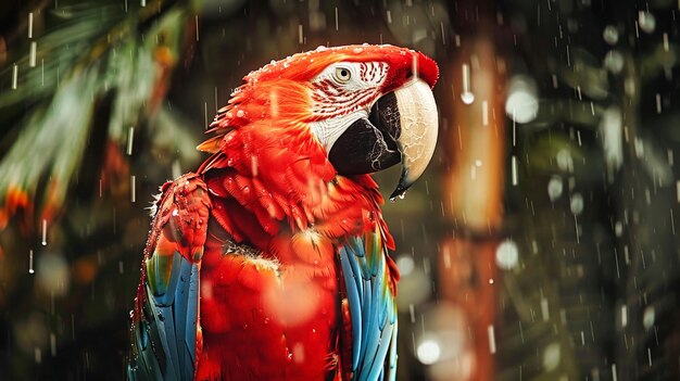 El loro rojo de pie bajo la lluvia