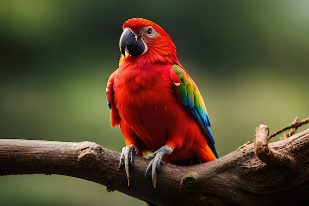 Un loro rojo se sienta en una rama.