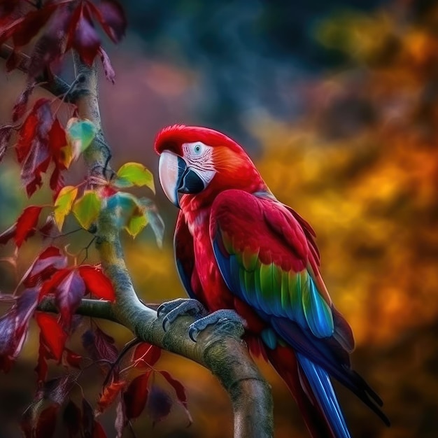 Un loro rojo y verde está sentado en una rama con hojas rojas.