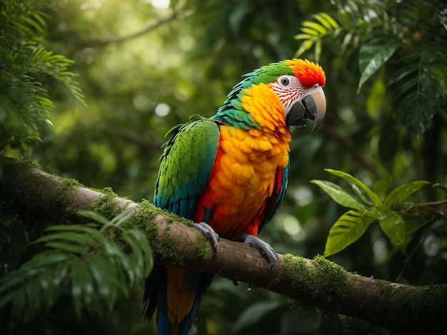 Un loro sentado en la rama de un árbol rodeado de exuberante vegetación