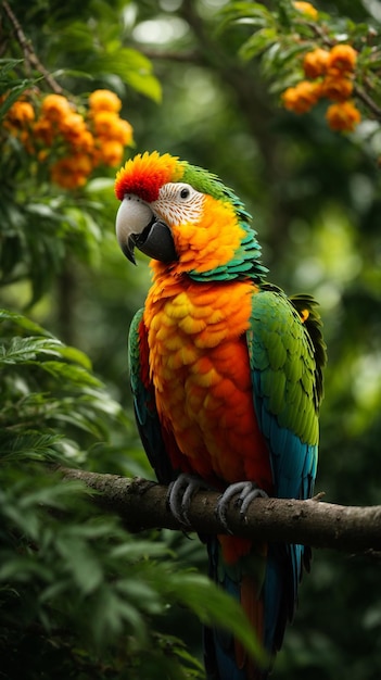 Un loro sentado en la rama de un árbol rodeado de exuberante vegetación