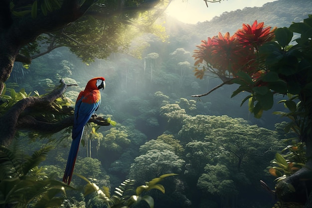 Un loro se sienta en un árbol en la selva.