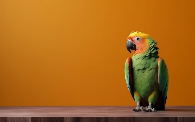 Un loro se sienta en una mesa con un fondo naranja.