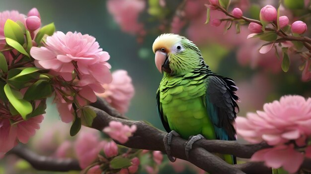 un loro se sienta en una rama con flores rosas