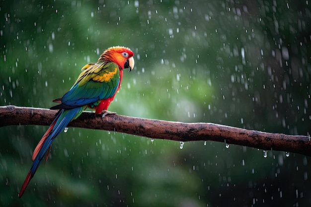 Un loro se sienta en una rama bajo la lluvia.