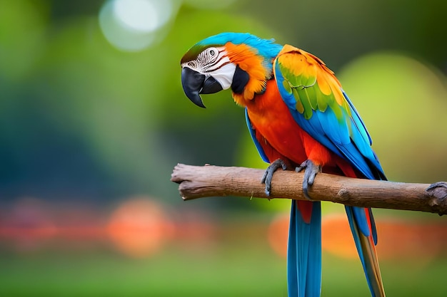 Un loro se sienta en una rama con la palabra guacamayo.