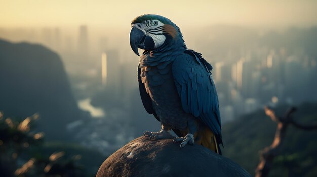 Un loro se sienta en una roca frente a un paisaje urbano.