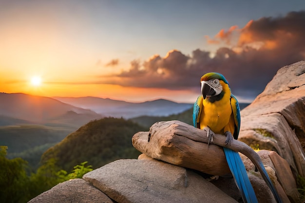 Un loro se sienta en una roca frente a una puesta de sol.