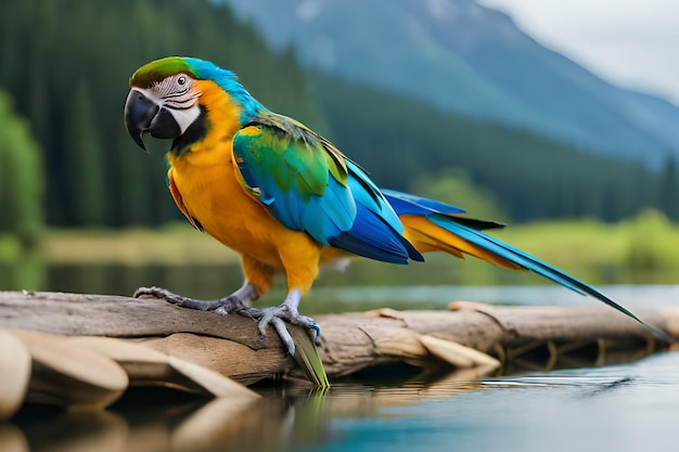 Un loro se sienta en un tronco en un lago