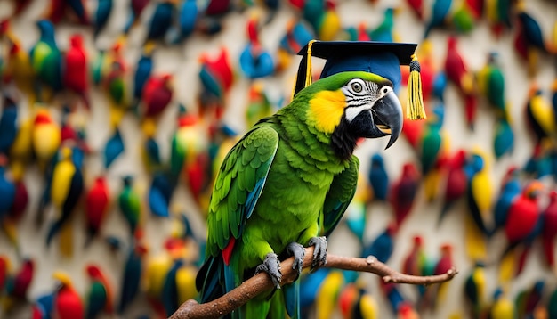 Foto un loro con un sombrero en la cabeza se sienta en una rama