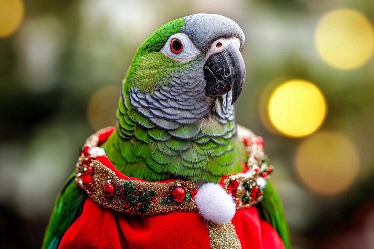 El loro con un traje festivo se encuentra contra las luces borrosas de las fiestas AI generativa