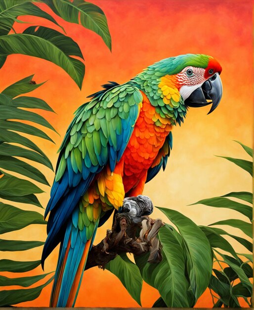 Un loro tropical en Color Cascade un estilo donde los colores fluidos y vibrantes