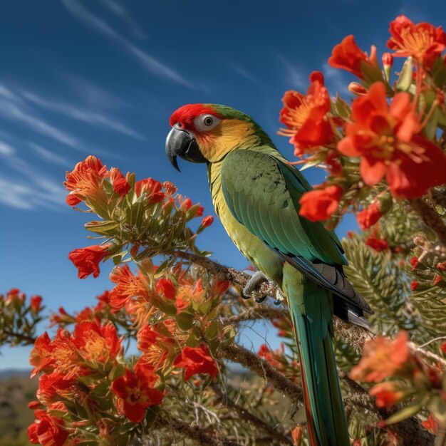 Foto un loro verde y amarillo está sentado en una rama con flores rojas.