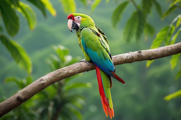 Foto loro verde gran ara ambigua pájaro raro silvestre en el hábitat natural sentado en la rama en costa rica