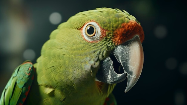 un loro verde con un ojo rojo y un pico amarillo