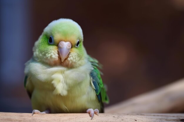 Un loro verde se sienta en una percha de madera.