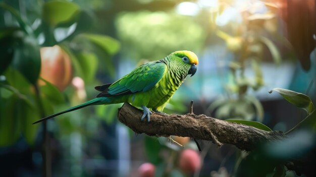 Un loro verde se sienta en una rama en un jardín.