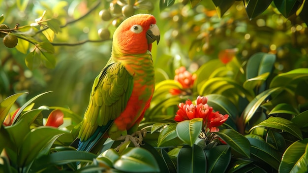 Un loro vibrante y besado por el sol se alza en una rama verde exuberante entre flores exóticas en un jardín tropical